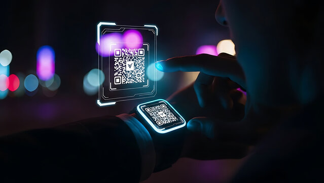 High-tech interface of a glowing holographic QR code projected from a businessman's smartwatch in a dark neon city. Sci-fi digital art. - Powered by Adobe