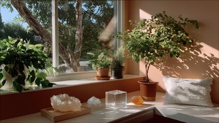 Fototapeta premium Serene Indoor Scene: Sunlight streams through a window, illuminating an interior space where potted plants and decor create a tranquil atmosphere, reflecting a sense of peace and tranquility.