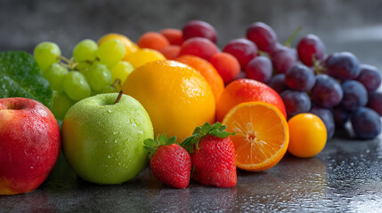 Rainbow fruit assortment wellness display, fresh colorful arrangement dewy texture, health vitality evoking, nutritious produce showcase, vibrant eating concept, natural food photography,