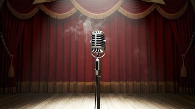 Vintage stand-up comedy stage with microphone and red curtain, dramatic spotlight with rising smoke for live performance.