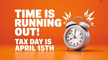 A white alarm clock rings on a vibrant orange background, with text emphasizing TIME IS RUNNING OUT