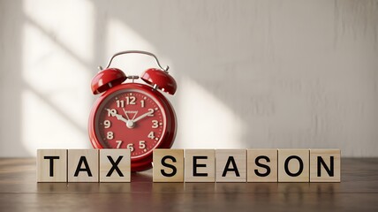 A vibrant red alarm clock sits behind wooden blocks spelling out the words TAX SEASON