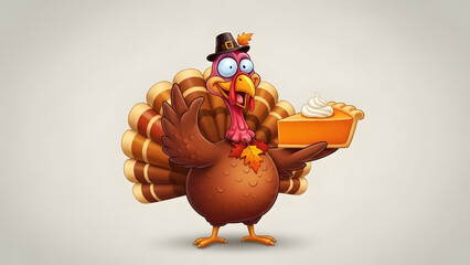 Cartoon turkey holding pumpkin pie with whipped cream on festive background