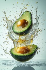 flying avocado halves with seed and oil splash, isolated on white background