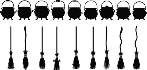 Witchcraft silhouettes, cauldrons and broomsticks collection, Halloween magic tools, spooky black icons, mystical symbols, fantasy elements, vector illustration © Joyaber's World