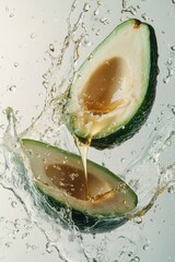 flying avocado halves with seed and oil splash, isolated on white background