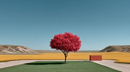 Red Tree in Wilderness: A vibrant red tree stands solitary amidst a vast golden field under a clear blue sky, evoking a sense of serenity and the beauty of nature's contrast.