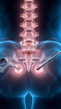 X-ray view of human pelvis and lower spine with highlighted hip joints and surgical instruments.