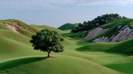 Serene Landscape: A solitary tree stands proudly amidst rolling hills, embraced by a vivid expanse of green. Underneath a brilliant sky, it presents a tranquil setting.