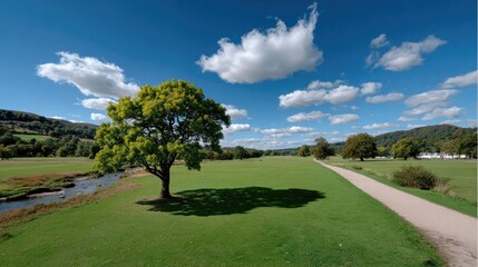 Obraz premium Tranquil Panorama: A lone tree stands sentinel in a vast green field, under a sky adorned with fluffy clouds and brilliant blue hues, with a winding road.