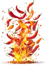 flying chili peppers with fire flames effect, isolated on white background