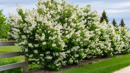 Large blooming myrtle bush with white flowers, soft daylight outdoor summer scene, lush greenery concept, eco design visualization, nature branding aesthetic, seasonal wellness project