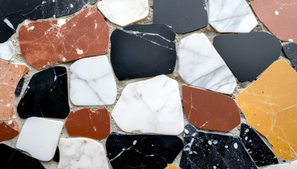 Luxury terrazzo marble stone texture featuring multicolor fragments and natural irregular patterns, polished surface with subtle light reflections ideal for modern interior design, branding background