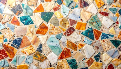 Luxury terrazzo marble stone texture featuring multicolor fragments and natural irregular patterns, polished surface with subtle light reflections ideal for modern interior design, branding background