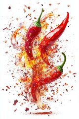 flying chili peppers with fire flames effect, isolated on white background