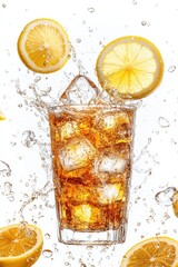 flying energy drink splash with ice cubes and lemon slices, isolated on white background