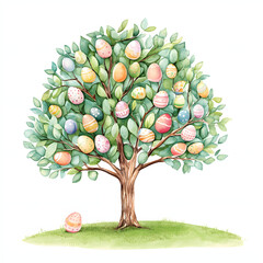 Easter Egg Tree in Spring Garden, Watercolor Illustration