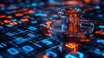 Stethoscope on futuristic digital circuit board background. Concept of telemedicine, AI in healthcare and modern medical technology.
