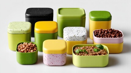 Boxed Culinary Delights: An artful arrangement of vibrantly colored boxes, each filled with a culinary creation. showcasing variety and a feast for the eyes