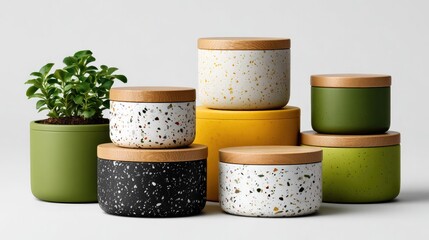 Modern Ceramic Containers with Cork Lids: An artful arrangement of modern ceramic containers with natural cork lids, showcasing varying colors and textures.