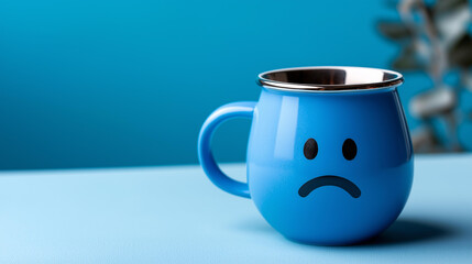 Blue Monday mood concept with sad face mug, light blue background display, horizontal banner format, seasonal depression visualization, mental health awareness, emotional wellness
