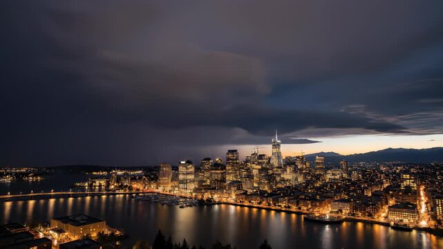 Cityscape at night comes alive with dynamic energy as lightning illuminates the dark sky, capturing the essence of transformation and innovation, perfect for commercial uses that require a.