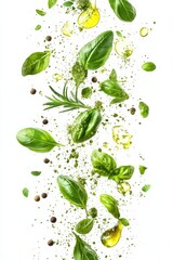 flying fresh herbs with olive oil splash, rosemary, oregano, basil, isolated on white background