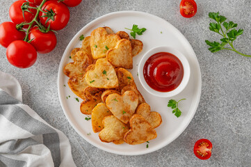 Heart-shaped French fries or potato chips served with ketchup on a white plate. Festive snack or side dish for Valentine's Day, Mother's Day, or romantic occasions. Top view, copy space.