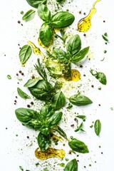 flying fresh herbs with olive oil splash, rosemary, oregano, basil, isolated on white background