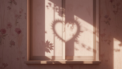 Soft Morning Sunlight Casting Heart Shaped Shadow on Interior Wall for Romantic Home Atmosphere, Glowing red heart outlines with light painting effect on a dark background for Valentine's Day	