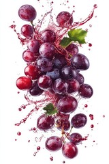 flying grapes and wine splash in mid-air, isolated on white background