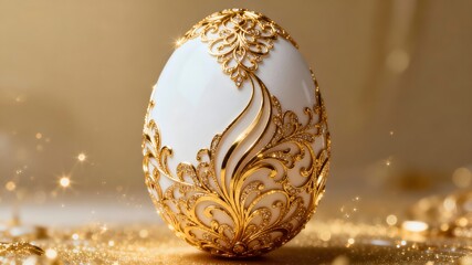A beautiful white Easter egg decorated with gold ornamentation.