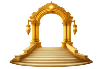 Golden arch gateway with ornate columns and stairs, symbolizing luxury, entrance, and fantasy on transparent background