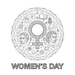 A Professional Empowering Women's Day Icon Symbol, Showcasing International Equality and Digital Feminism Diversity Inclusion Leadership Achievement.