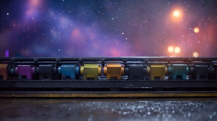 Colorful industrial components on a conveyor belt beneath a vibrant cosmic night sky