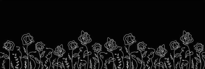 seamless pattern of abstract leaves,  flowers. isolated roses, butterfly on a black background. hand drawn illustration in doodle style. the art of one line. for print, banner, holiday ideas. art 