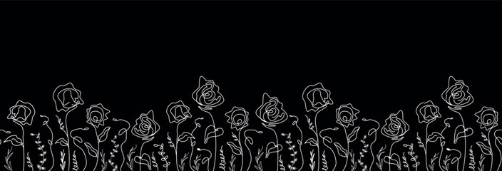 A seamless, modern pattern of abstract rose flowers, butterfly.  drawing in the one line style. A hand-made floral design. for print, wallpapers, minimalistic, natural art vector graphics.