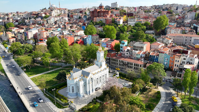 Aerial view drone shot of the Bulgarian St. Stephen Church and the Golden Horn coastline on May 5, 2025 in Balat, Istanbul