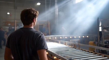 A man watches a production line with dramatic light beams and fog in an industrial factory
