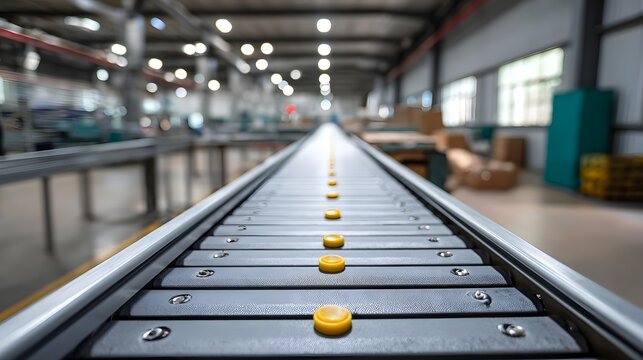 Automated conveyor belt system in a modern factory interior with yellow components