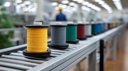 Colorful spools of thread move along a factory conveyor belt in a manufacturing production line