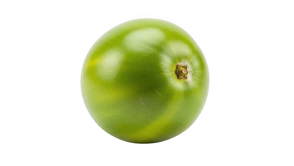 Single green unripe tomato with stem on black background fruit vegetable
