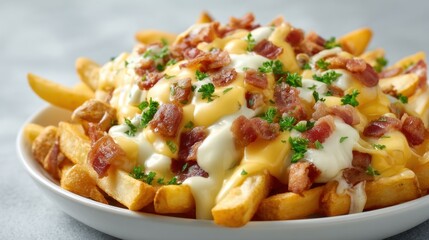 Deliciously Overloaded Bacon and Cheese Fries with Melted Cheese and Fresh Herbs on a Serving Dish