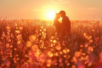 Romantic young couple kissing at the sunny meadow