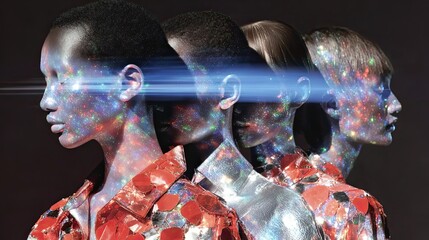 Woman faces with glitter and abstract light beam across, futuristic fashion for metaverse. Artificial intelligence concept, digital realm.