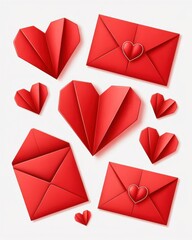 Collection of origami hearts and envelopes Valentines Day theme red paper crafts love symbols decorative art