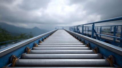 Fototapeta premium An industrial roller conveyor system extends into a vast mountainous landscape under an overcast sky