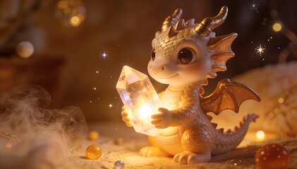 Charming Baby Dragon Sculpture with Glowing Crystal in Warm Light