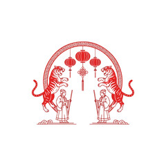 Red Illustration of Tigers and Guardians.