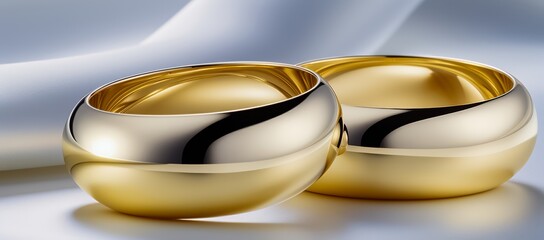 Two gold wedding rings are displayed on a white background. The rings are large and shiny